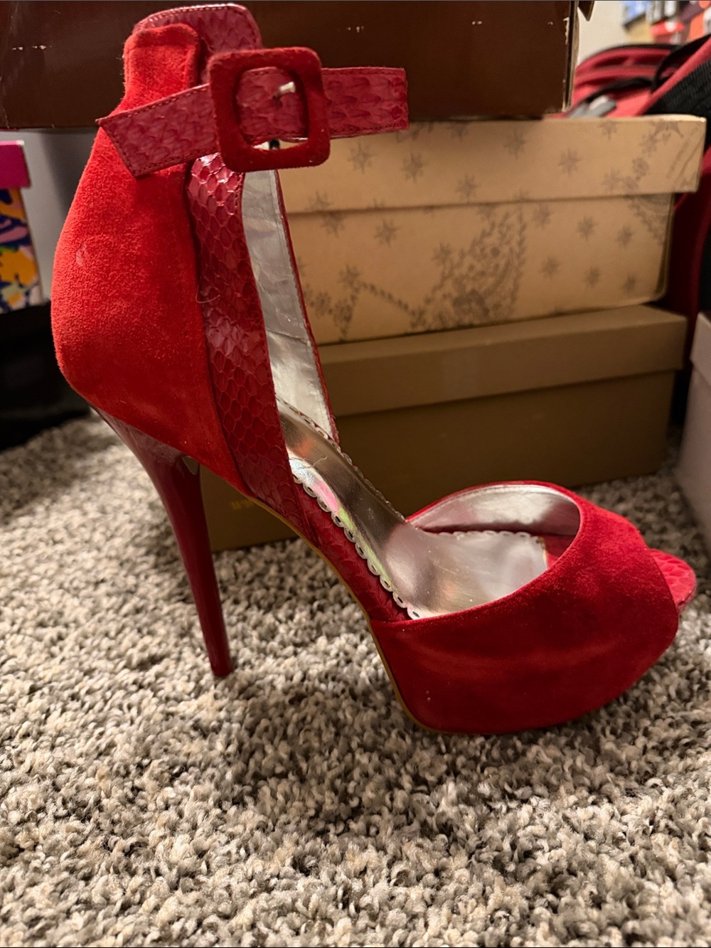 bebe Red Suede Peep-Toe Ankle-Strap Stiletto